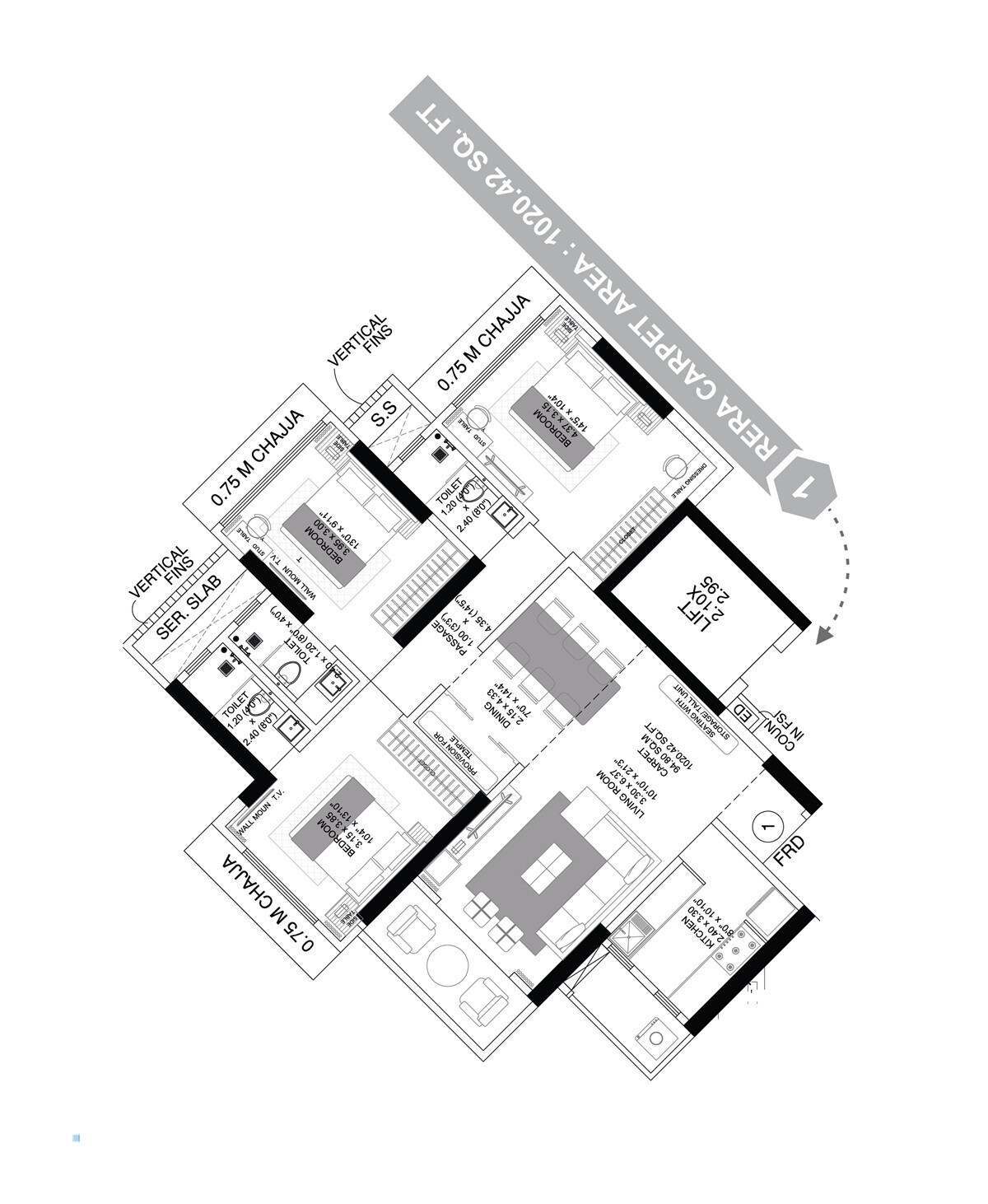 Floor plan of 3 BHK 1020 Sq. Ft. Apartment in Cosmopolis Tower, Mumbai