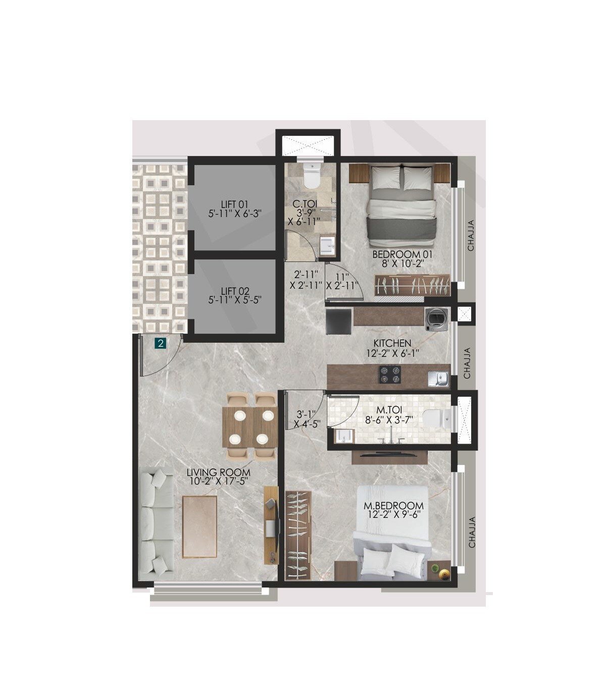 2 BHK 571 Sq. Ft. Apartment