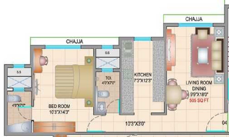 Floor plan of 1 BHK 505 Sq. Ft. Apartment in Crescent Exotica, Mumbai