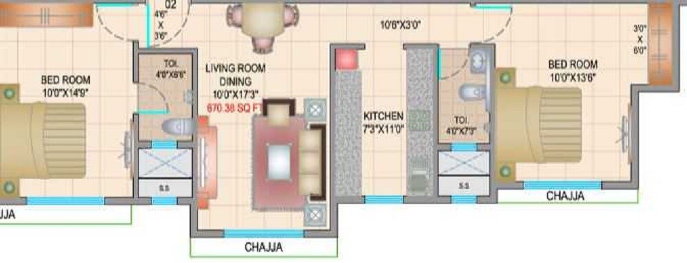 Floor plan of 2 BHK 675 Sq. Ft. Apartment in Crescent Exotica, Mumbai