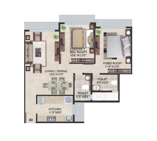 2 BHK 801 Sq. Ft. Apartment