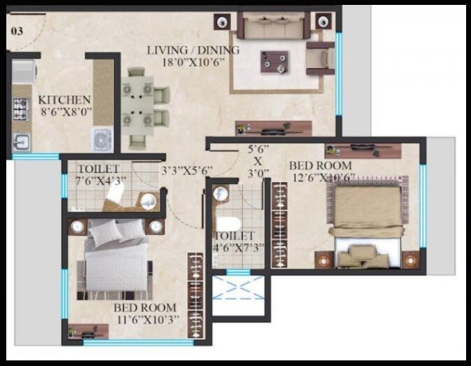 Floor plan of 2 BHK 676 Sq. Ft. Apartment in Crescent Imperia, Mumbai