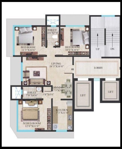 Floor plan of 3 BHK 789 Sq. Ft. Apartment in Crescent Imperia, Mumbai