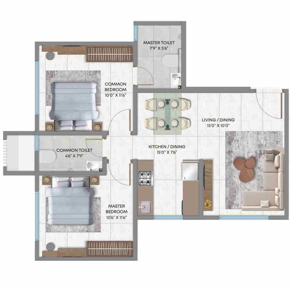 Floor plan of 2 BHK 628 Sq. Ft. Apartment in Crescent Silverwoods, Mumbai