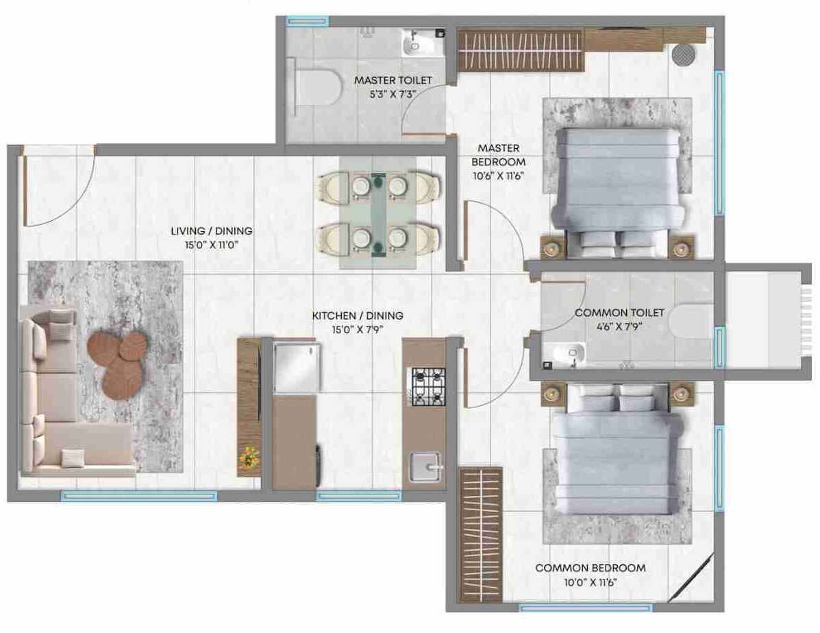 Floor plan of 2 BHK 644 Sq. Ft. Apartment in Crescent Silverwoods, Mumbai