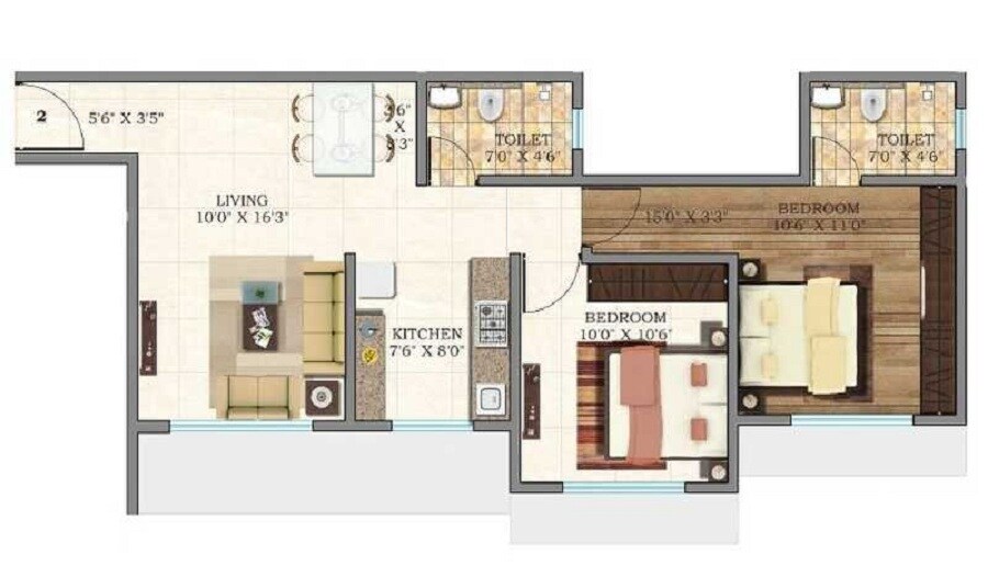 Floor plan of 2 BHK 1010 Sq. Ft. Apartment in Crescent Solitaire, Mumbai