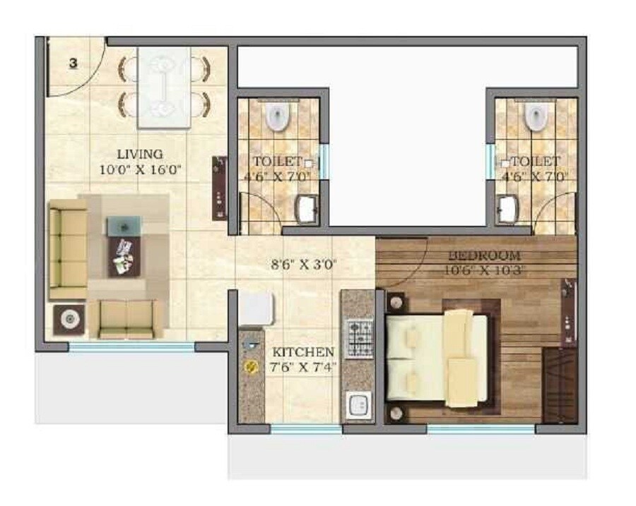 Floor plan of 1 BHK 690 Sq. Ft. Apartment in Crescent Solitaire, Mumbai