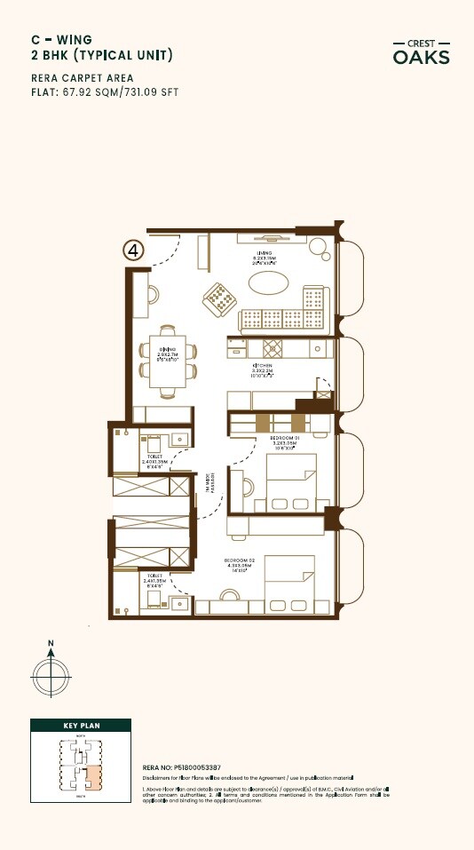 Floor plan of 2 BHK 731 Sq. Ft. Apartment in Crest Oaks, Mumbai