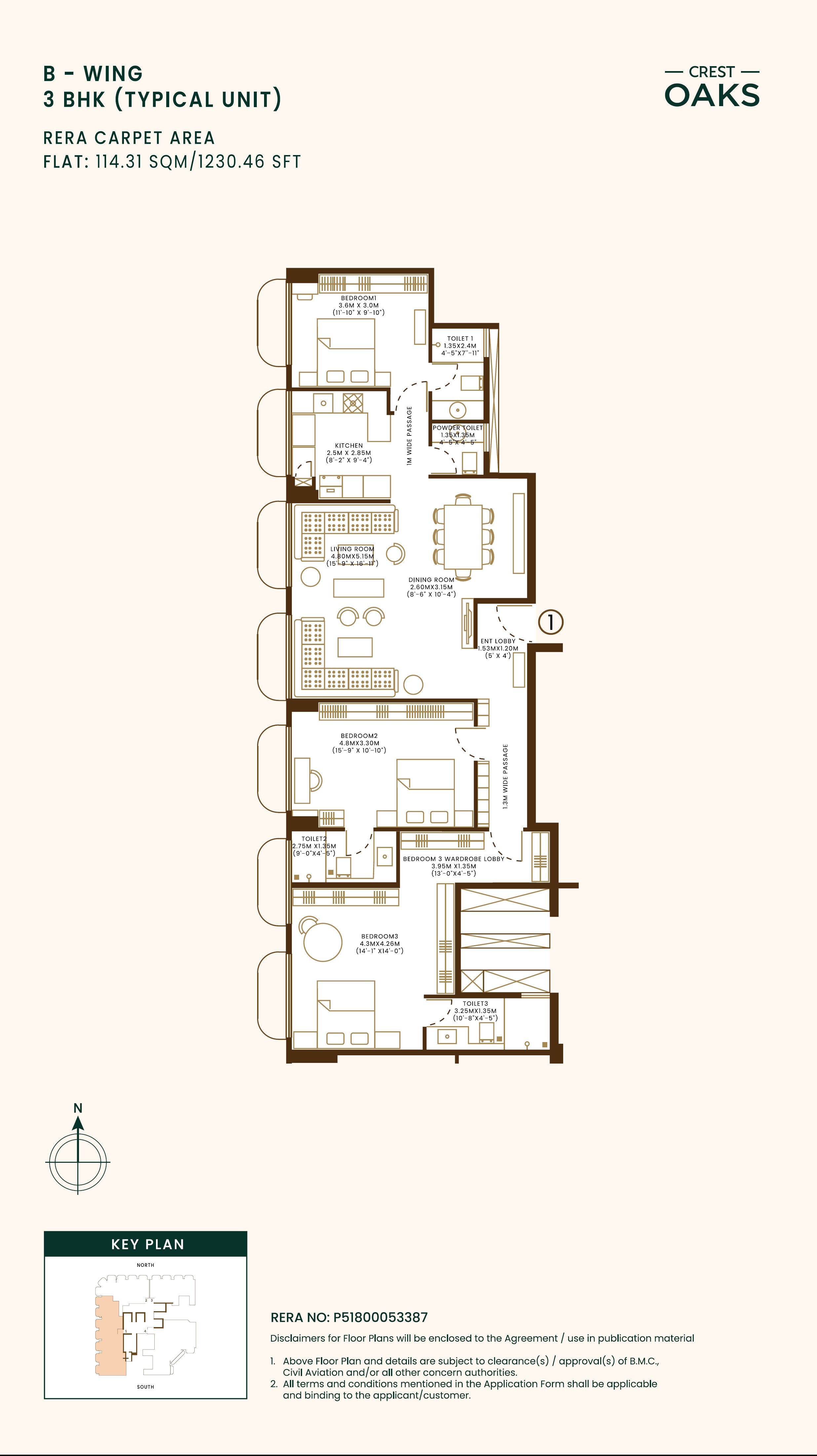 Floor plan of 3 BHK 1230 Sq. Ft. Apartment in Crest Oaks, Mumbai