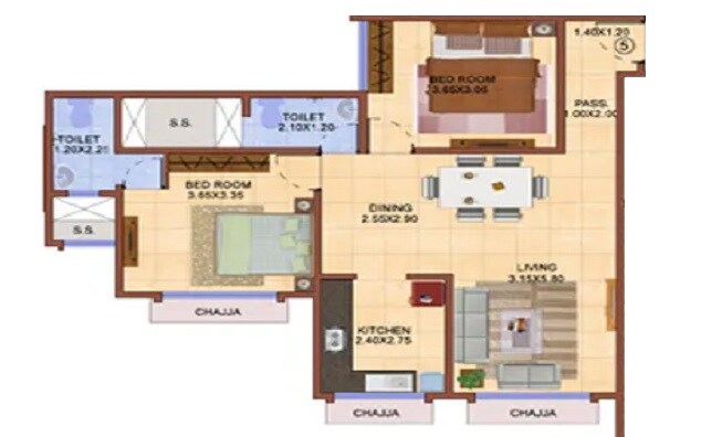 Floor plan of 2 BHK 728 Sq. Ft. Apartment in Crown Satyam, Mumbai