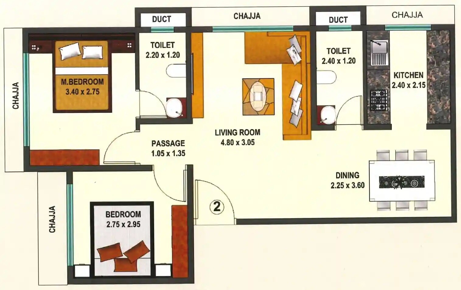 Floor plan of 2 BHK 593 Sq. Ft. Apartment in Crystal Harmony, Mumbai