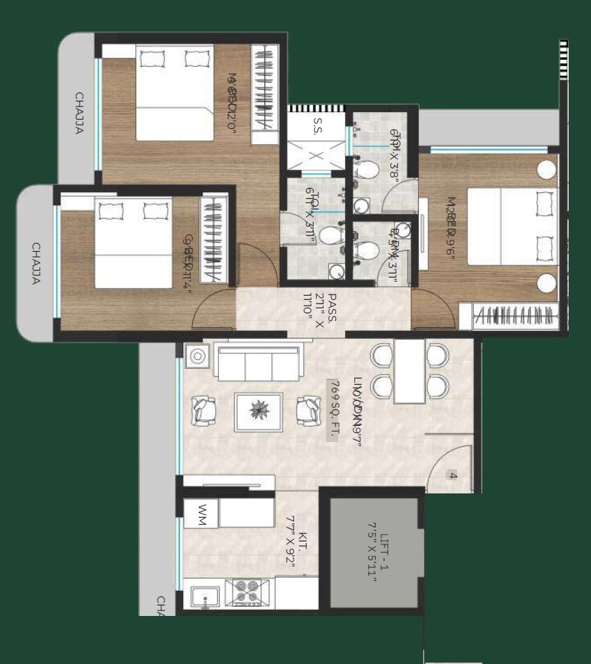 Floor plan of 3 BHK 769 Sq. Ft. Apartment in Crystal Hitendra Dhamm Shabha CHS, Mumbai
