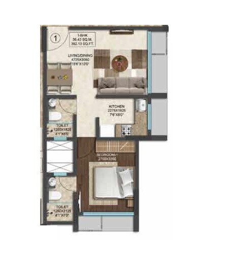 Floor plan of 1 BHK 454 Sq. Ft. Apartment in Crystal Paradise Residences, Mumbai