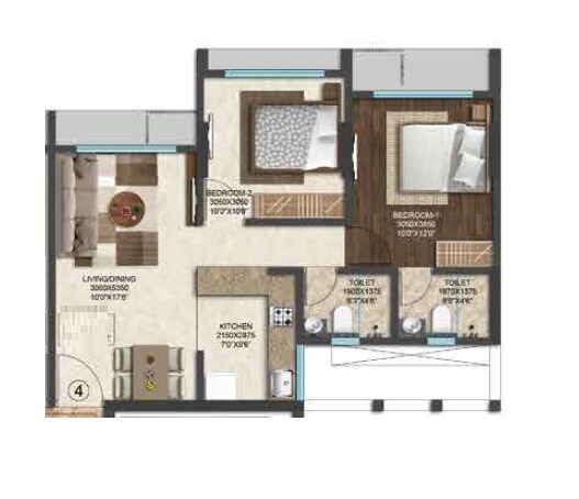 Floor plan of 2 BHK 629 Sq. Ft. Apartment in Crystal Paradise Residences, Mumbai