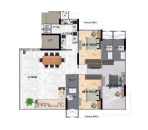 Floor plan of 3 BHK 1270 Sq. Ft. Apartment in D Kapoor Dilkap Grandeur, Mumbai