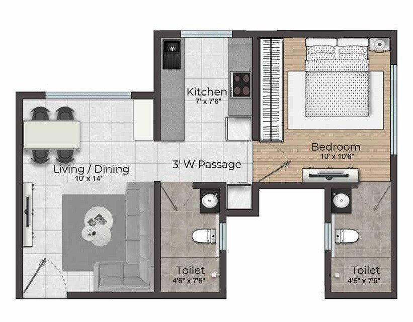 Floor plan of 1 BHK 409 Sq. Ft. Apartment in D S 72 Marina, Mumbai