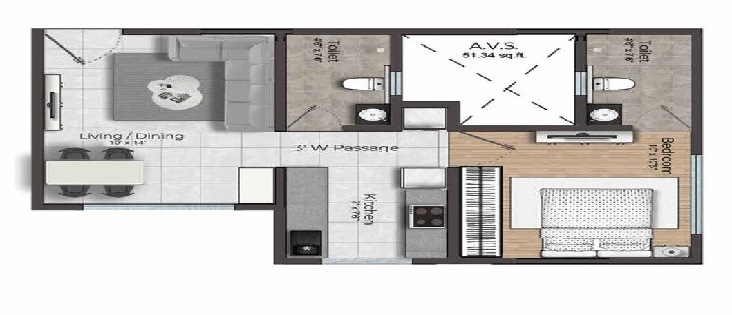 Floor plan of 1 BHK 464 Sq. Ft. Apartment in D S 72 Marina, Mumbai