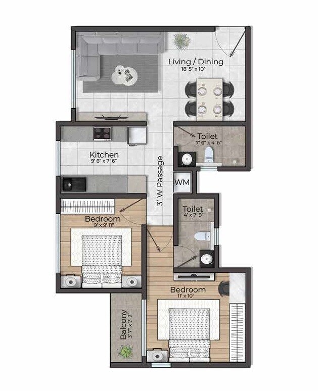 Floor plan of 2 BHK 605 Sq. Ft. Apartment in D S 72 Marina, Mumbai