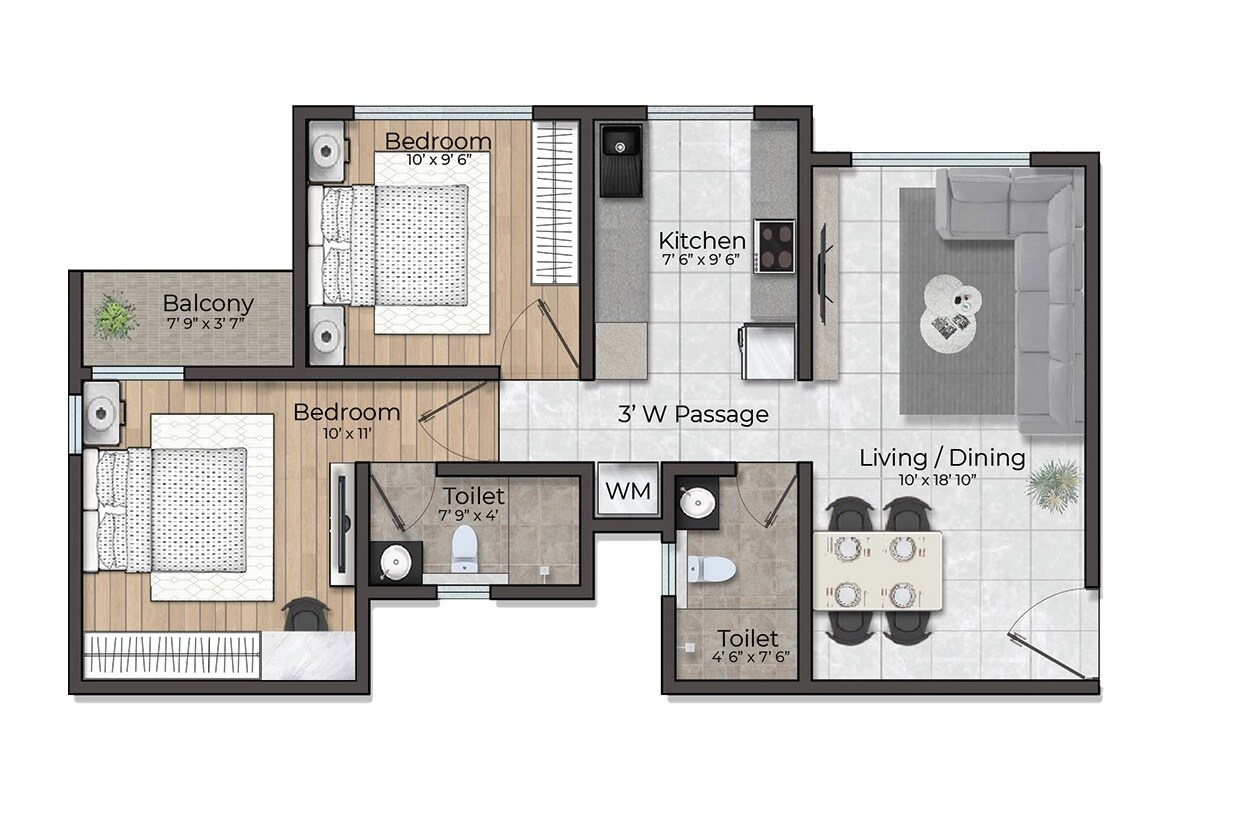 Floor plan of 2 BHK 613 Sq. Ft. Apartment in D S 72 Marina, Mumbai