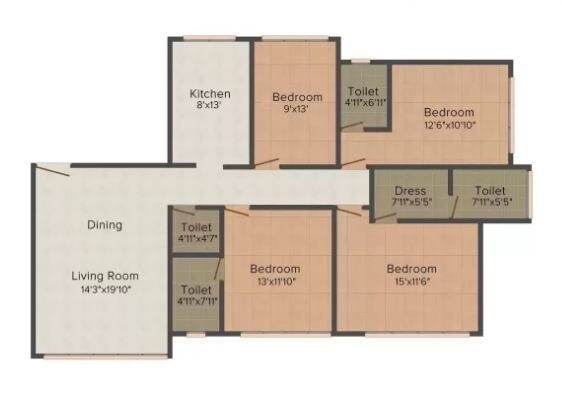 Floor plan of 4 BHK 1269 Sq. Ft. Apartment in D S The Corner, Mumbai