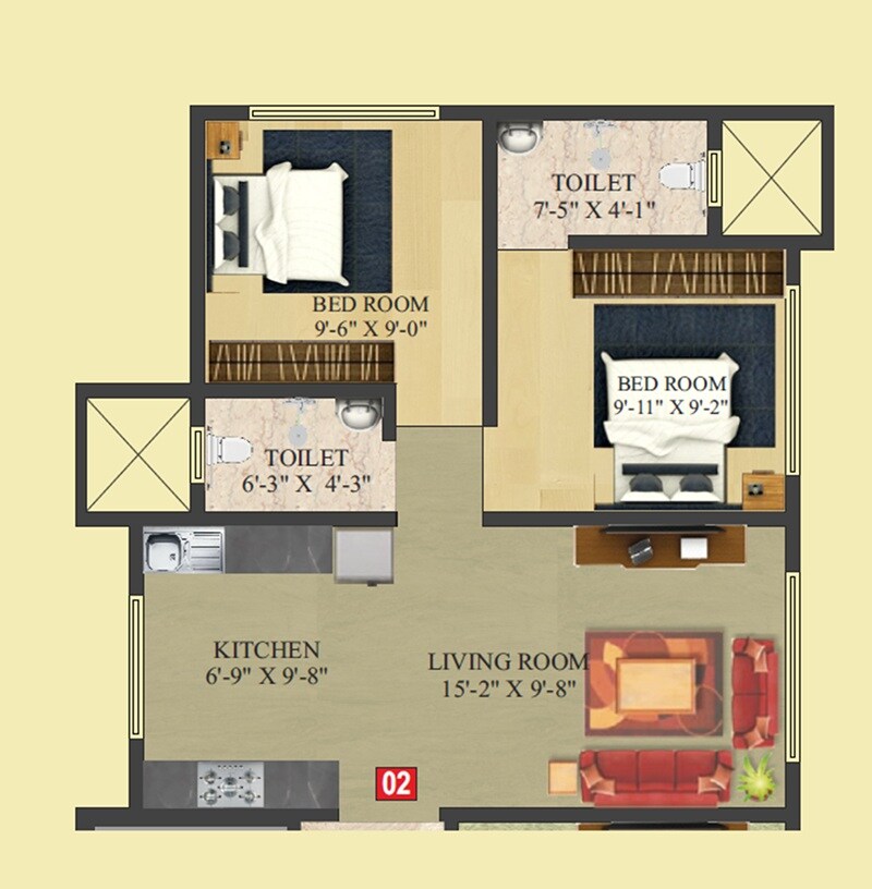 Floor plan of 2 BHK 478 Sq. Ft. Apartment in Dadamiya Ambrose Heights, Mumbai