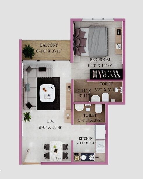 Floor plan of 1 BHK 416 Sq. Ft. Apartment in Dadamiya Emerald, Mumbai