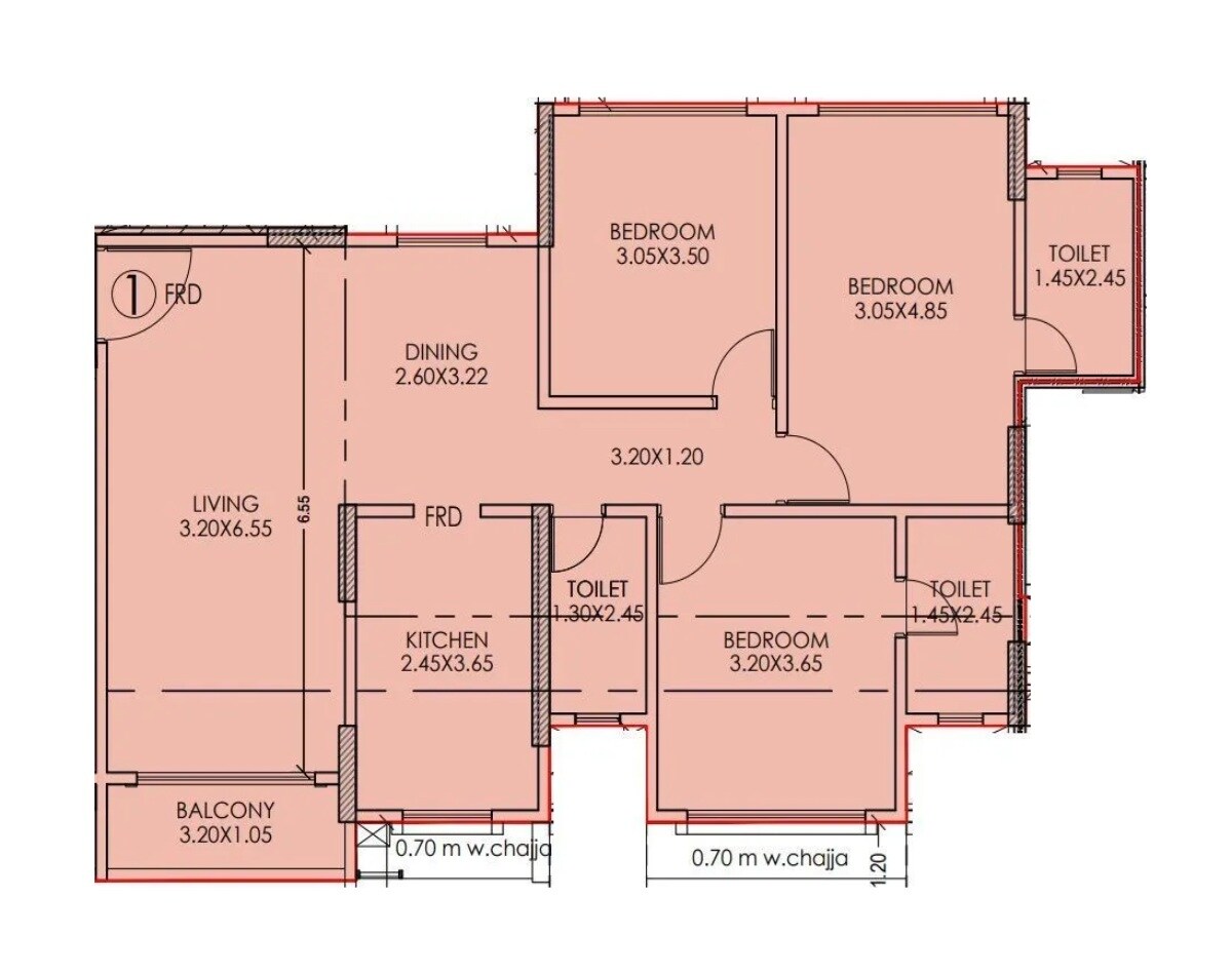 3 BHK 830 Sq. Ft. Apartment