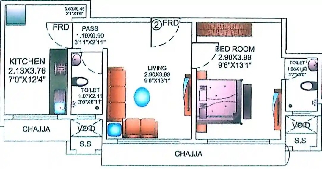 Floor plan of 1 BHK 398 Sq. Ft. Apartment in Danvijay CHS, Mumbai