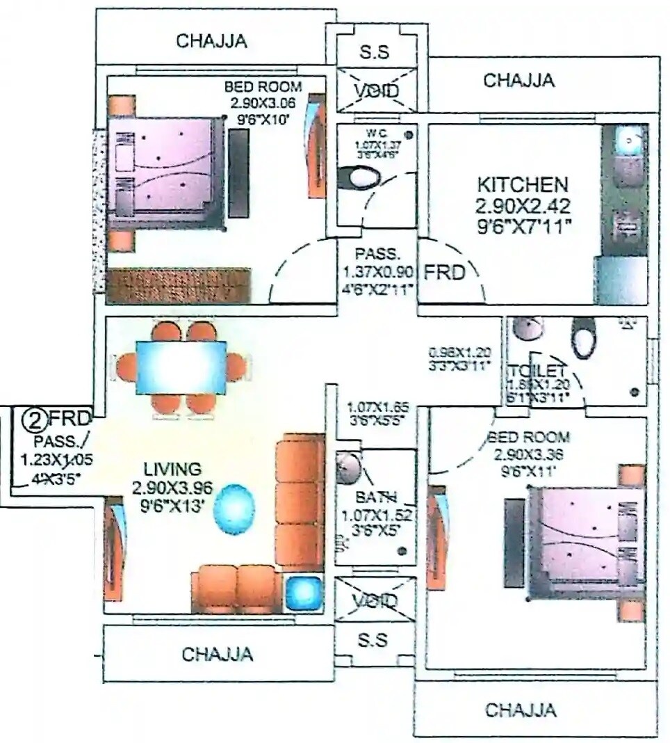 Floor plan of 2 BHK 560 Sq. Ft. Apartment in Danvijay CHS, Mumbai