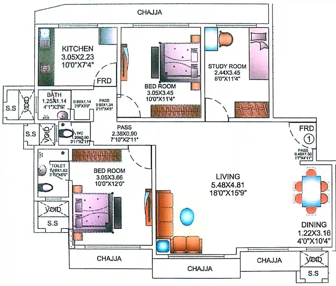 Floor plan of 3 BHK 700 Sq. Ft. Apartment in Danvijay CHS, Mumbai