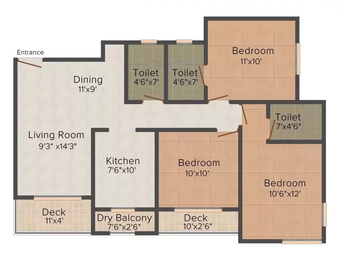 Floor plan of 3 BHK 902 Sq. Ft. Apartment in Darvesh Grand, Mumbai