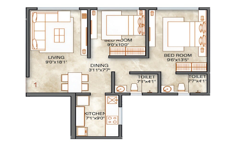 Floor plan of 2 BHK 593 Sq. Ft. Apartment in Dasadia 153 East, Mumbai