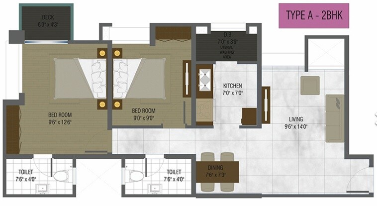 Floor plan of 2 BHK 510 Sq. Ft. Apartment in DB Orchid Ozone, Mumbai