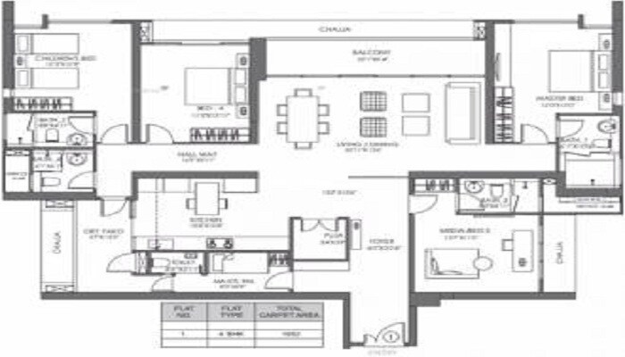 Floor plan of 4 BHK 3313 Sq. Ft. Apartment in Db Orchid West View, Mumbai