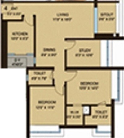 Floor plan of 2 BHK 1420 Sq. Ft. Apartment in DB Orchid Woods, Mumbai