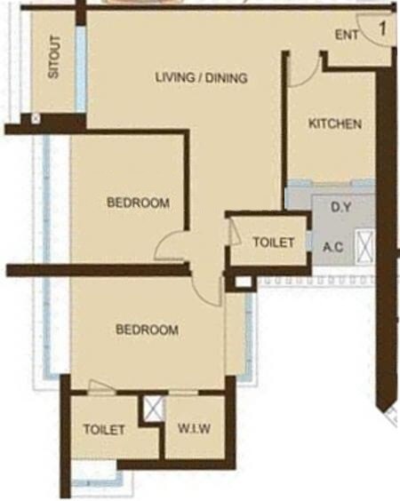 Floor plan of 2 BHK 985 Sq. Ft. Apartment in DB Orchid Woods, Mumbai