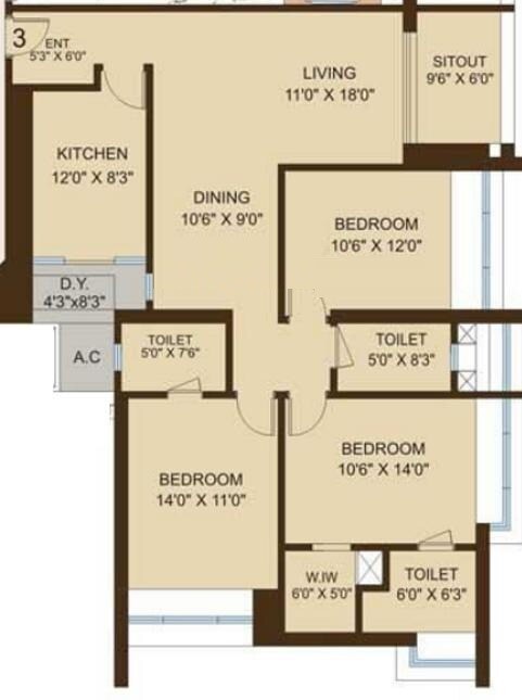 Floor plan of 3 BHK 1820 Sq. Ft. Apartment in DB Orchid Woods, Mumbai
