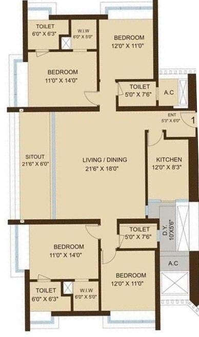 Floor plan of 4 BHK 2465 Sq. Ft. Apartment in DB Orchid Woods, Mumbai