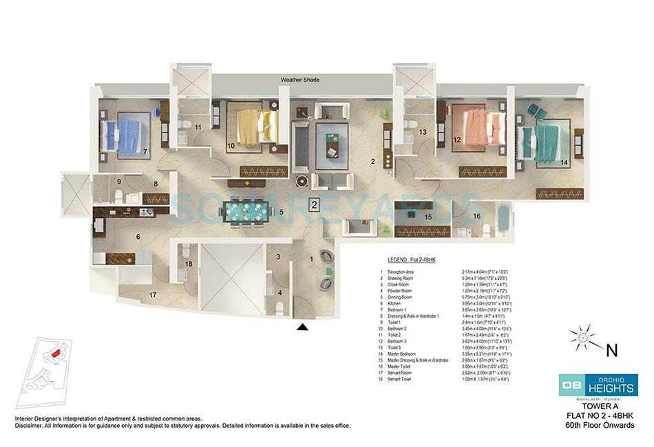 Floor plan of 4 BHK 3400 Sq. Ft. Apartment in DB Realty Orchid Heights, Mumbai