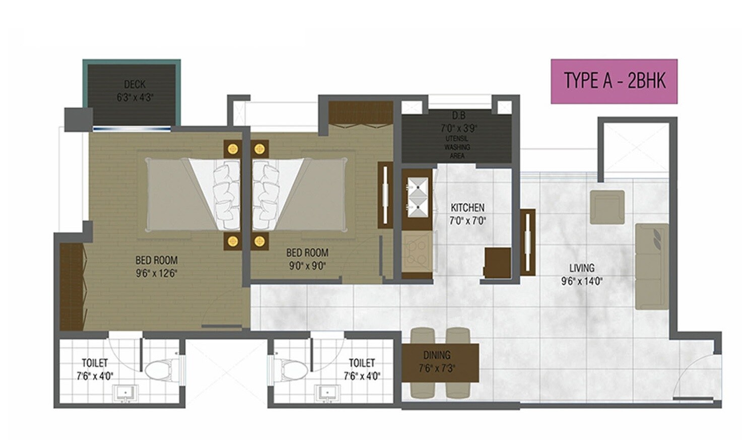 Floor plan of 1 BHK 875 Sq. Ft. Apartment in DB Realty Orchid Ozone, Mumbai
