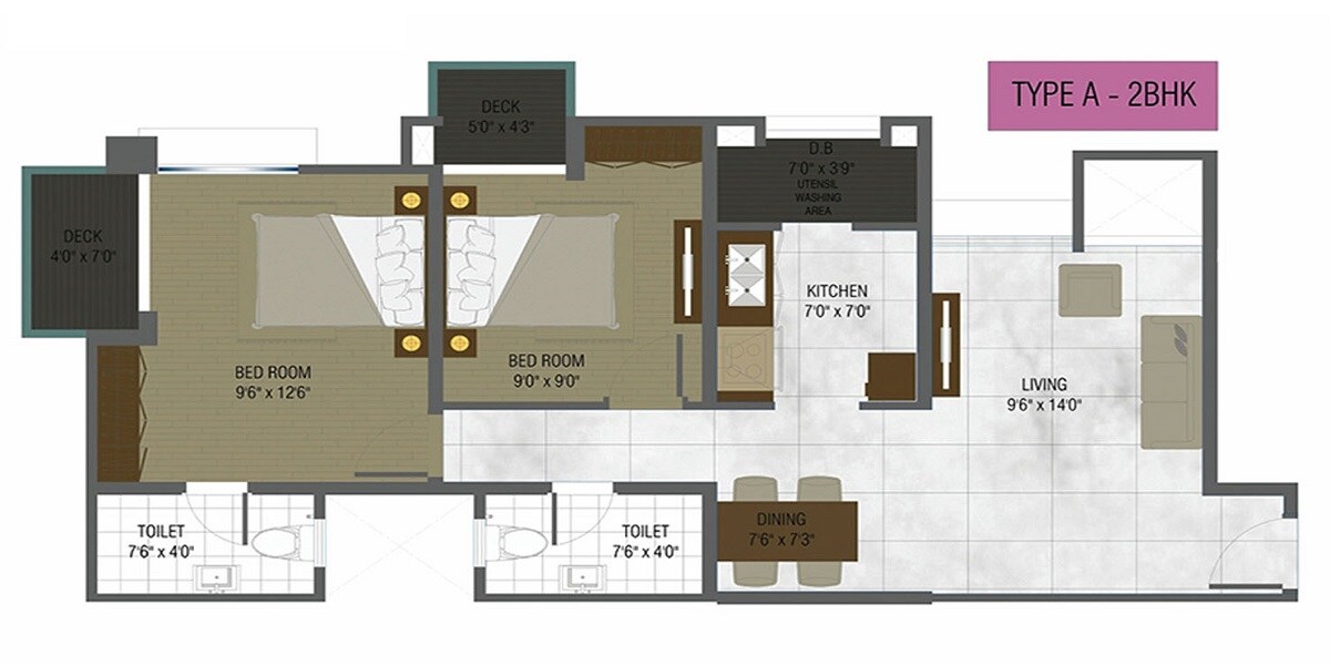 Floor plan of 2 BHK 882 Sq. Ft. Apartment in DB Realty Orchid Ozone, Mumbai