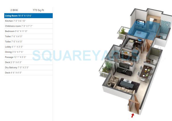 Floor plan of 2 BHK 773 Sq. Ft. Apartment in DB Realty Orchid Ozone, Mumbai