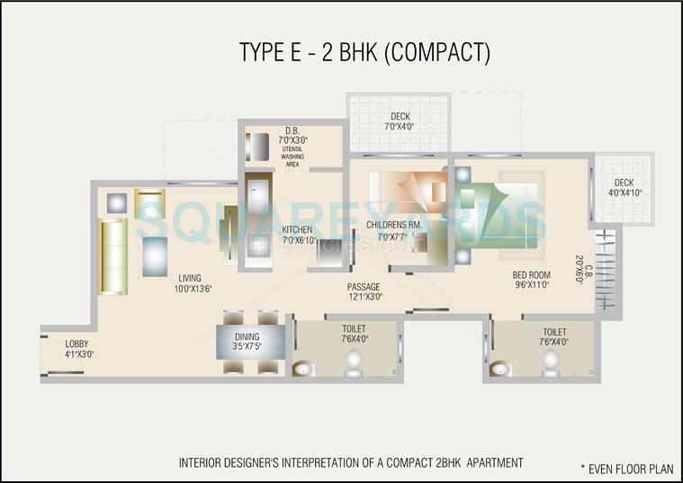 Floor plan of 2 BHK 783 Sq. Ft. Apartment in DB Realty Orchid Ozone, Mumbai