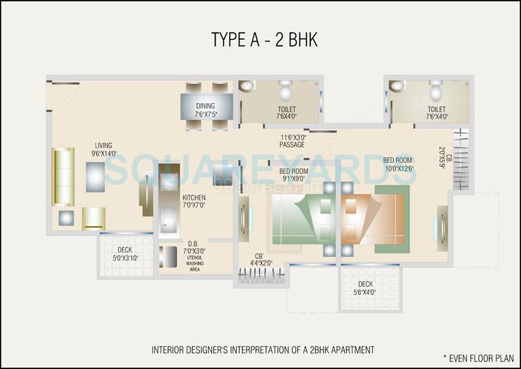 Floor plan of 2 BHK 878 Sq. Ft. Apartment in DB Realty Orchid Ozone, Mumbai