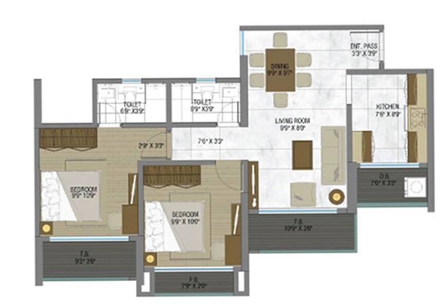 Floor plan of 2 BHK 873 Sq. Ft. Apartment in DB Realty Orchid Suburbia, Mumbai