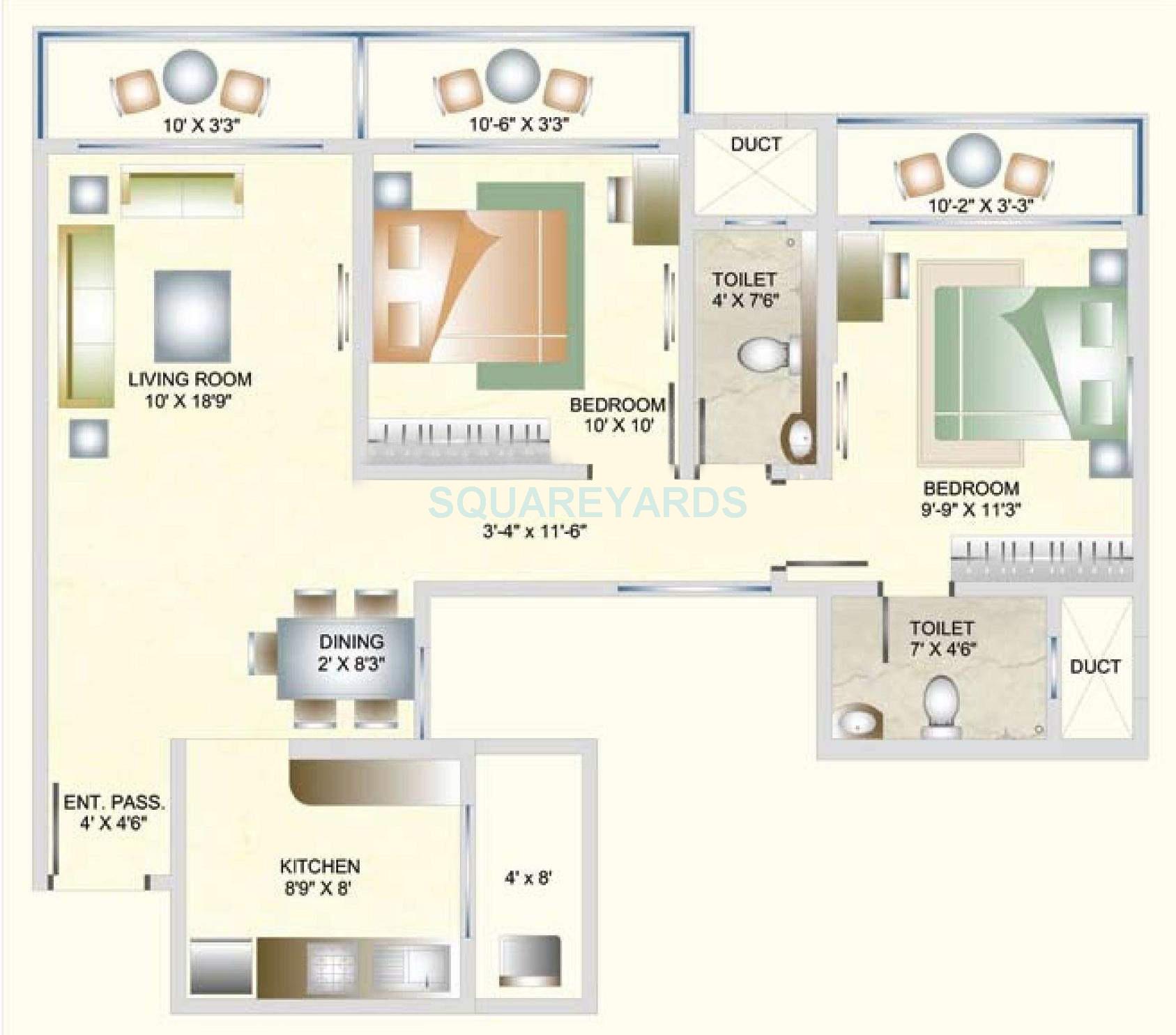 Floor plan of 2 BHK 1030 Sq. Ft. Apartment in DB Realty Orchid Suburbia, Mumbai