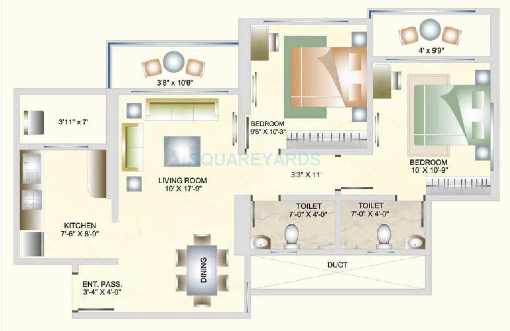 Floor plan of 2 BHK 999 Sq. Ft. Apartment in DB Realty Orchid Suburbia, Mumbai