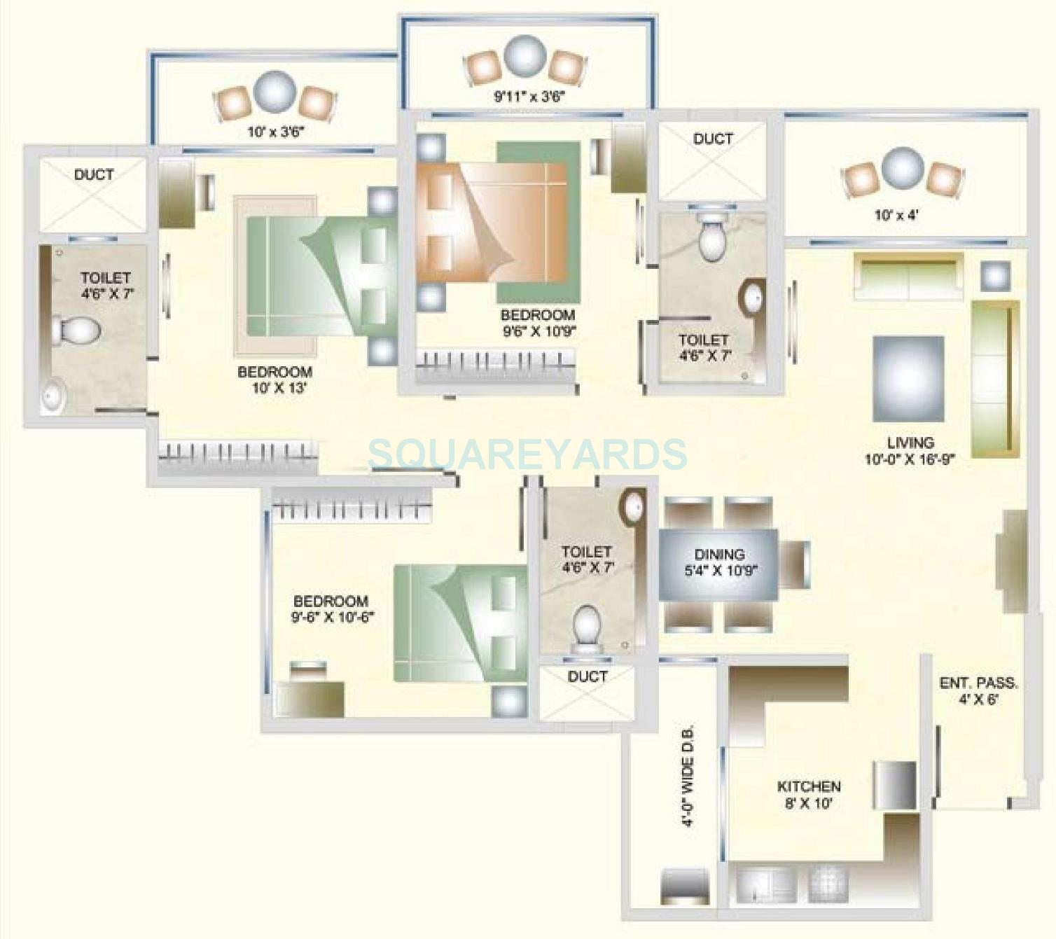 Floor plan of 3 BHK 1280 Sq. Ft. Apartment in DB Realty Orchid Suburbia, Mumbai