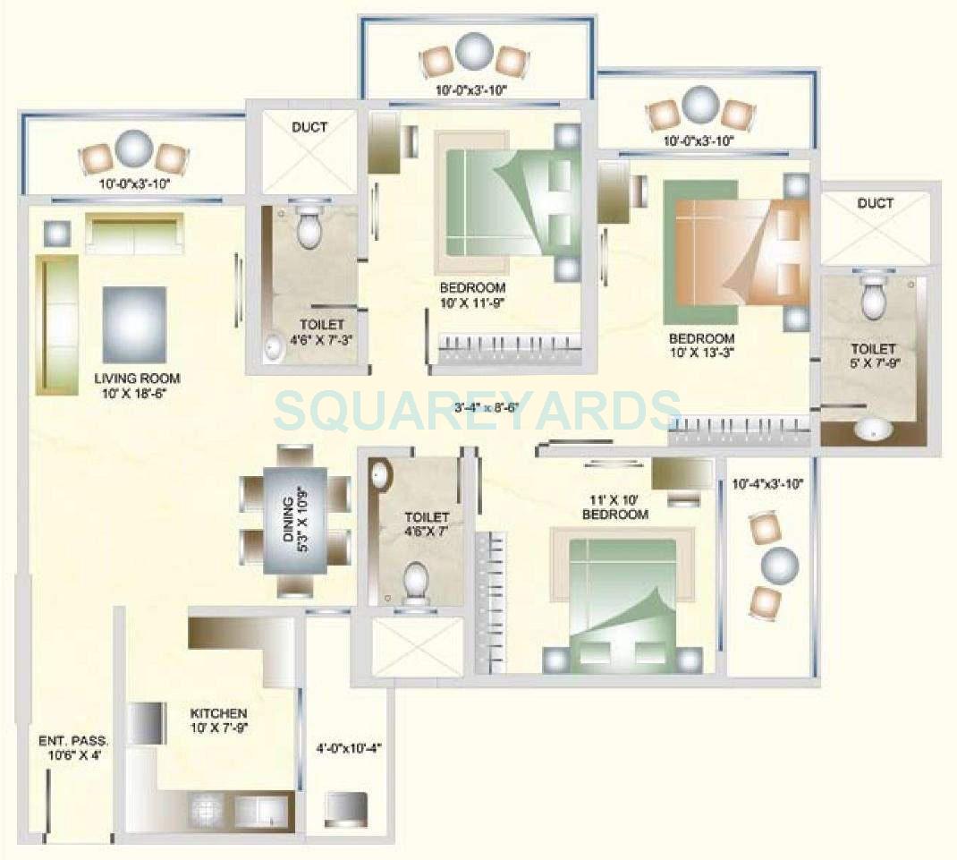 Floor plan of 3 BHK 1425 Sq. Ft. Apartment in DB Realty Orchid Suburbia, Mumbai