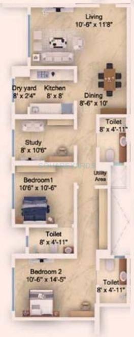 Floor plan of 2 BHK 885 Sq. Ft. Apartment in DB Realty Skypark, Mumbai